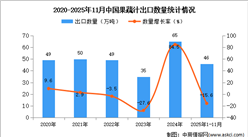 2025年1-11月中国果蔬汁出口数据统计分析：出口量同比下降15.6%