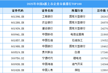 2025年中国A股上市企业市值排行榜TOP100（附榜单）