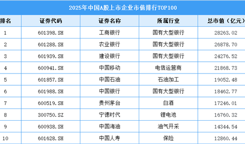 2025年中国A股上市企业市值排行榜TOP100（附榜单）