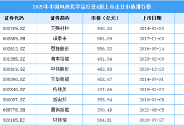 2025年中国电池化学品行业A股上市公司市值排行榜（附榜单）