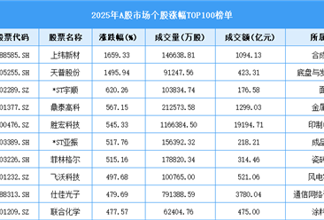 2025年A股市场个股涨幅TOP100榜单