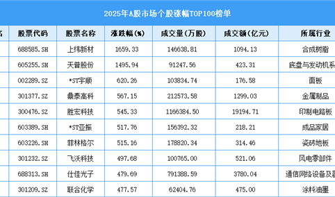 2025年A股市场个股涨幅TOP100榜单
