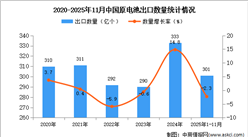 2025年1-11月中国原电池出口数据统计分析：出口量同比下降2.3%