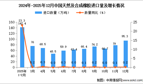 2025年12月中国天然及合成橡胶进口数据统计分析：进口量95.3万吨
