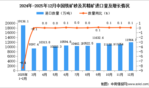 2025年12月中国铁矿砂及其精矿进口数据统计分析：进口量11964.7万吨