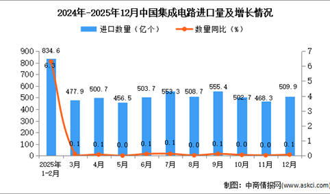 2025年12月中国集成电路进口数据统计分析：进口量468.3亿个