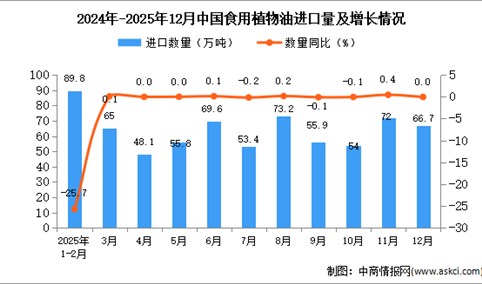 2025年12月中国食用植物油进口数据统计分析：进口量66.7万吨