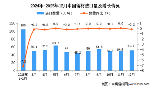 2025年12月中国钢材进口数据统计分析：进口量51.7万吨