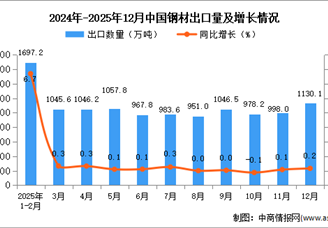 2025年12月中国钢材出口数据统计分析：出口量1130.1万吨