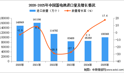 2025年1-12月中国蓄电池进口数据统计分析：进口量10036万个
