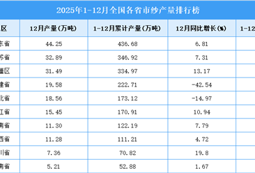 2025年全国各省市纱产量排行榜
