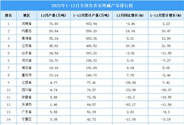 2025年全国各省市纯碱产量排行榜