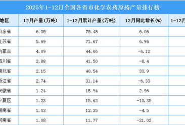 2025年全国各省市化学农药原药产量排行榜