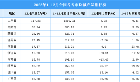 2025年全国各省市烧碱产量排行榜