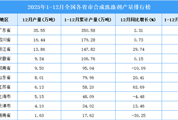 2025年全国各省市合成洗涤剂产量排行榜