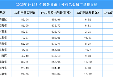 2025年全国各省市十种有色金属产量排行榜