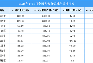 2025年全国各省市铝材产量排行榜
