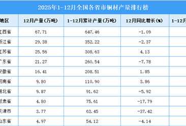 2025年全国各省市铜材产量排行榜