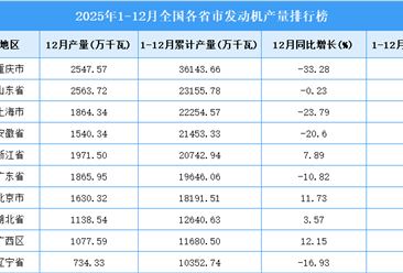 2025年全国各省市发动机产量排行榜