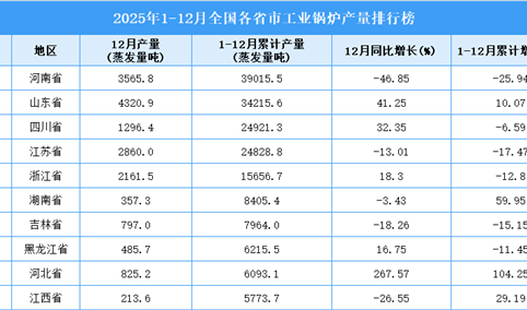 2025年全国各省市工业锅炉产量排行榜