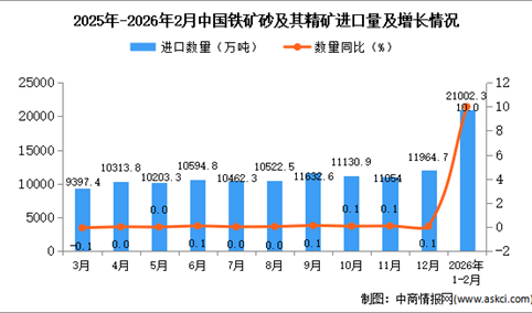 2026年1-2月中国铁矿砂及其精矿进口数据统计分析：进口量21002.3万吨