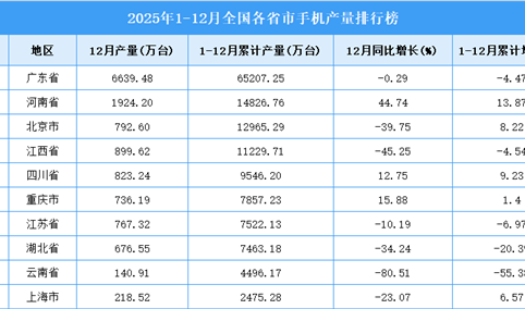 2025年全国各省市手机产量排行榜