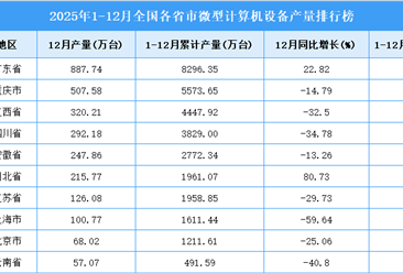 2025年全国各省市微型计算机设备产量排行榜