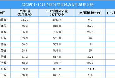 2025年全国各省市风力发电量排行榜