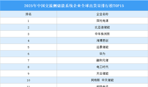 2025年中国交流侧储能系统企业全球出货量排行榜TOP15（附榜单）