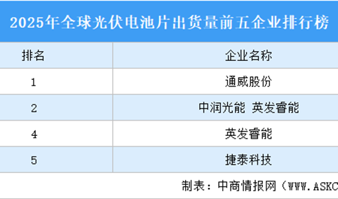 2025年全球光伏电池片出货量前五企业排行榜（附榜单）