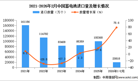 2026年1-2月中国蓄电池进口数据统计分析：进口量20818万个