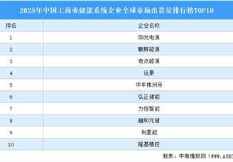 2025年中国工商业储能系统企业全球市场出货量排行榜TOP10（附榜单）