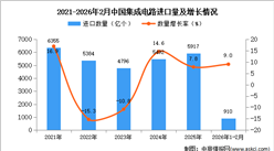 2026年1-2月中国集成电路进口数据统计分析：进口量同比增长9%