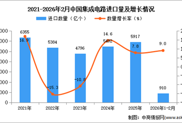 2026年1-2月中国集成电路进口数据统计分析：进口量同比增长9%