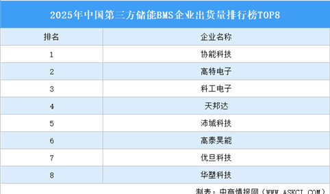 2025年中国第三方储能BMS企业出货量排行榜TOP8（附榜单）