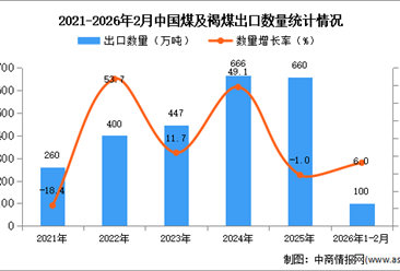 2026年1-2月中國(guó)煤及褐煤出口數(shù)據(jù)統(tǒng)計(jì)分析：出口量同比增長(zhǎng)6%