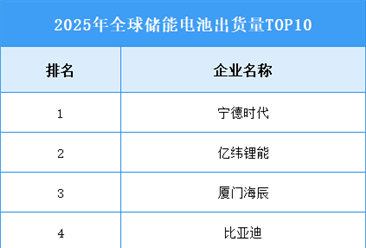 2026年全球储能电池出货量及排名情况预测分析（图）