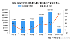2026年1-2月中國(guó)未鍛軋銅及銅材出口數(shù)據(jù)統(tǒng)計(jì)分析：出口量同比增長(zhǎng)95.5%