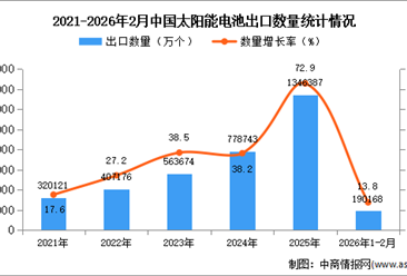 2026年1-2月中国太阳能电池出口数据统计分析：出口量同比增长13.8%