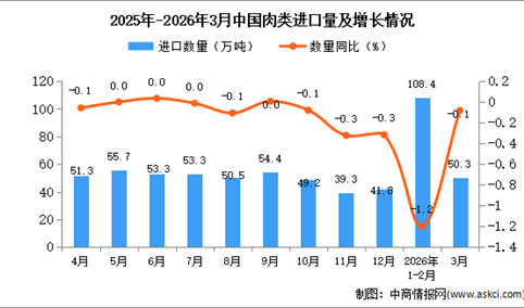 2026年3月中国肉类进口数据统计分析：进口量50.3万吨
