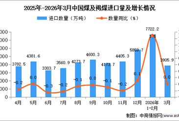 2026年3月中国煤及褐煤进口数据统计分析：进口量3905.9万吨