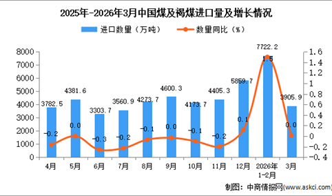 2026年3月中国煤及褐煤进口数据统计分析：进口量3905.9万吨