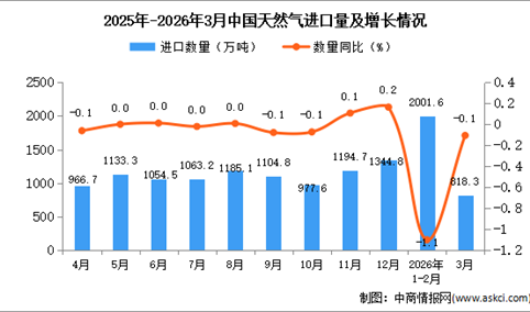 2026年3月中国天然气进口数据统计分析：进口量818.3万吨