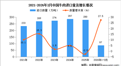 2026年1-3月中国牛肉进口数据统计分析：进口量87万吨
