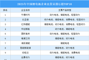 2025年中国锂电池企业出货量排行榜TOP10（附榜单）