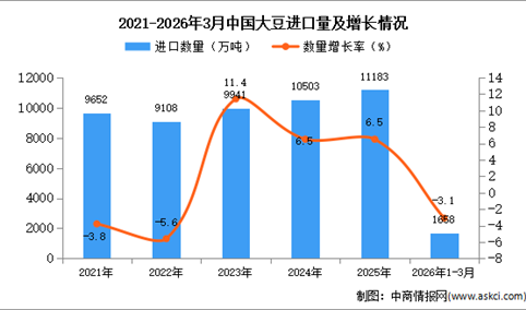 2026年1-3月中国大豆进口数据统计分析：进口量同比下降3.1%