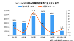 2026年1-3月中国煤及褐煤进口数据统计分析：进口量同比增长1.3%