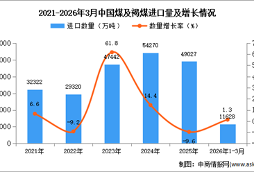 2026年1-3月中國(guó)煤及褐煤進(jìn)口數(shù)據(jù)統(tǒng)計(jì)分析：進(jìn)口量同比增長(zhǎng)1.3%