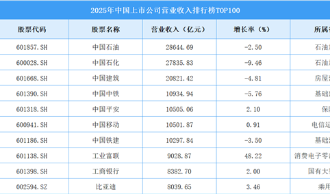 2025年中国A股上市公司营业收入排行榜TOP100（附榜单）
