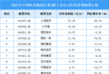 2025年中国医药流通行业上市公司净利润排行榜（附榜单）